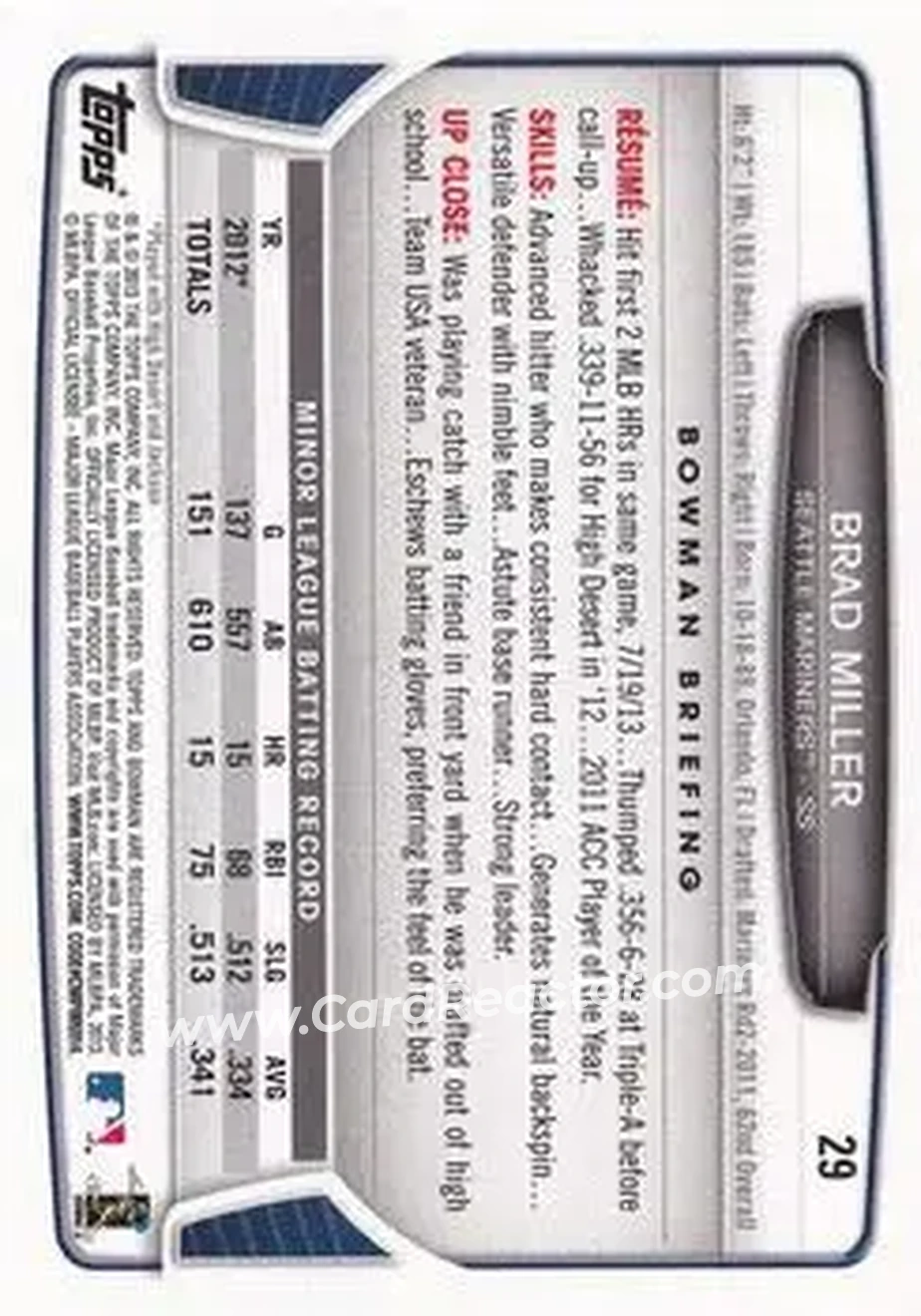 2013 Bowman Draft Picks & Prospects #29 - Brad Miller - Seattle Mariners - Back