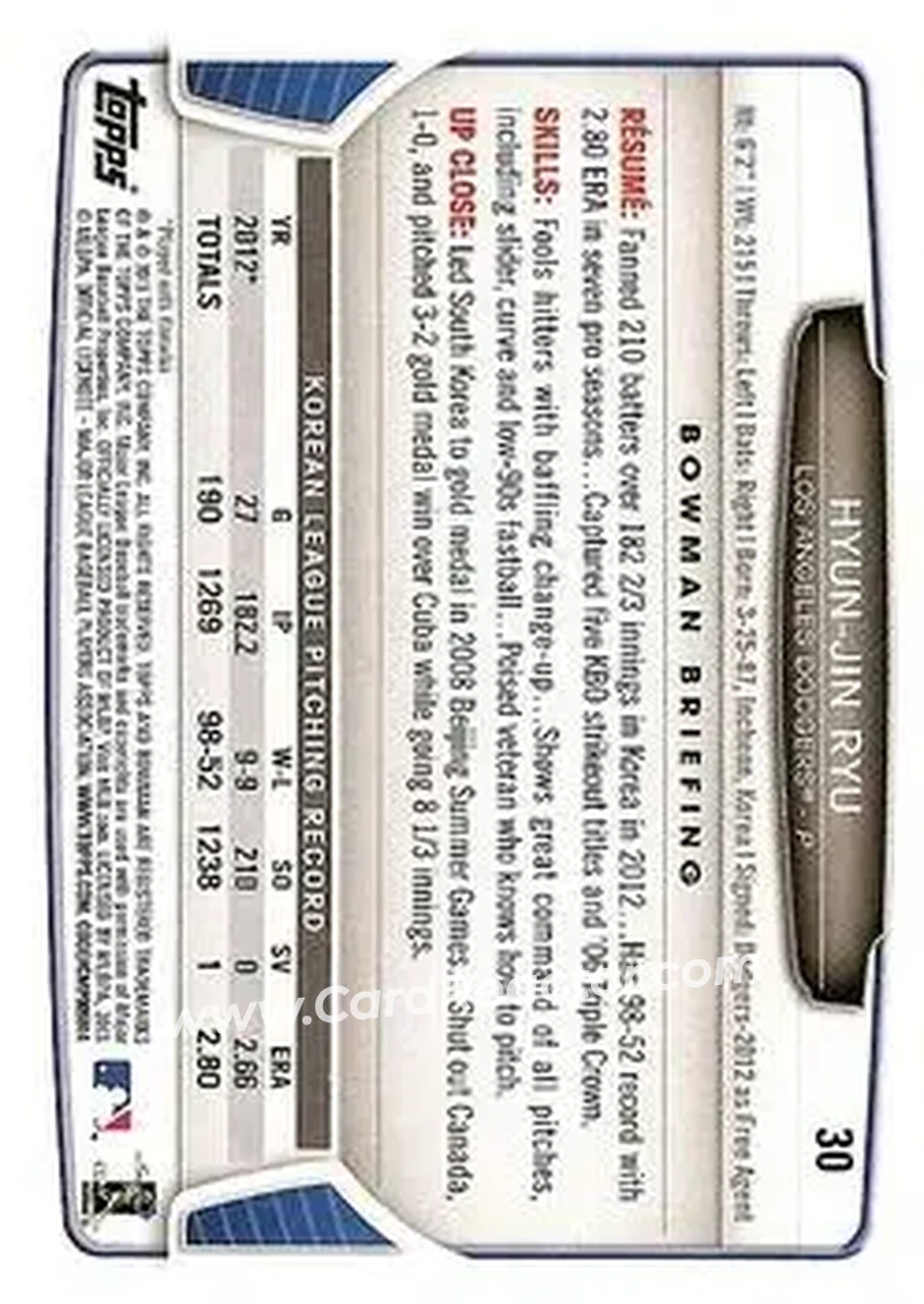 2013 Bowman Draft Picks & Prospects #30 - Hyun-Jin Ryu - Los Angeles Dodgers - Back 2013 Bowman Draft Picks & Prospects #30 - Hyun-Jin Ryu - Los Angeles Dodgers - Back