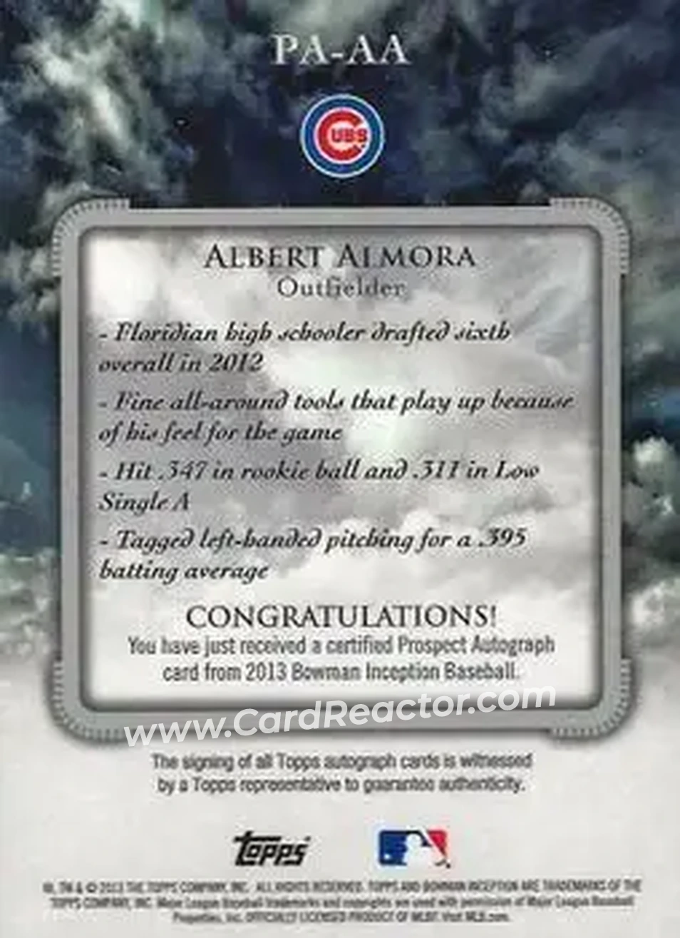 2013 Bowman Inception #PA-AA - Albert Almora - Chicago Cubs - Back