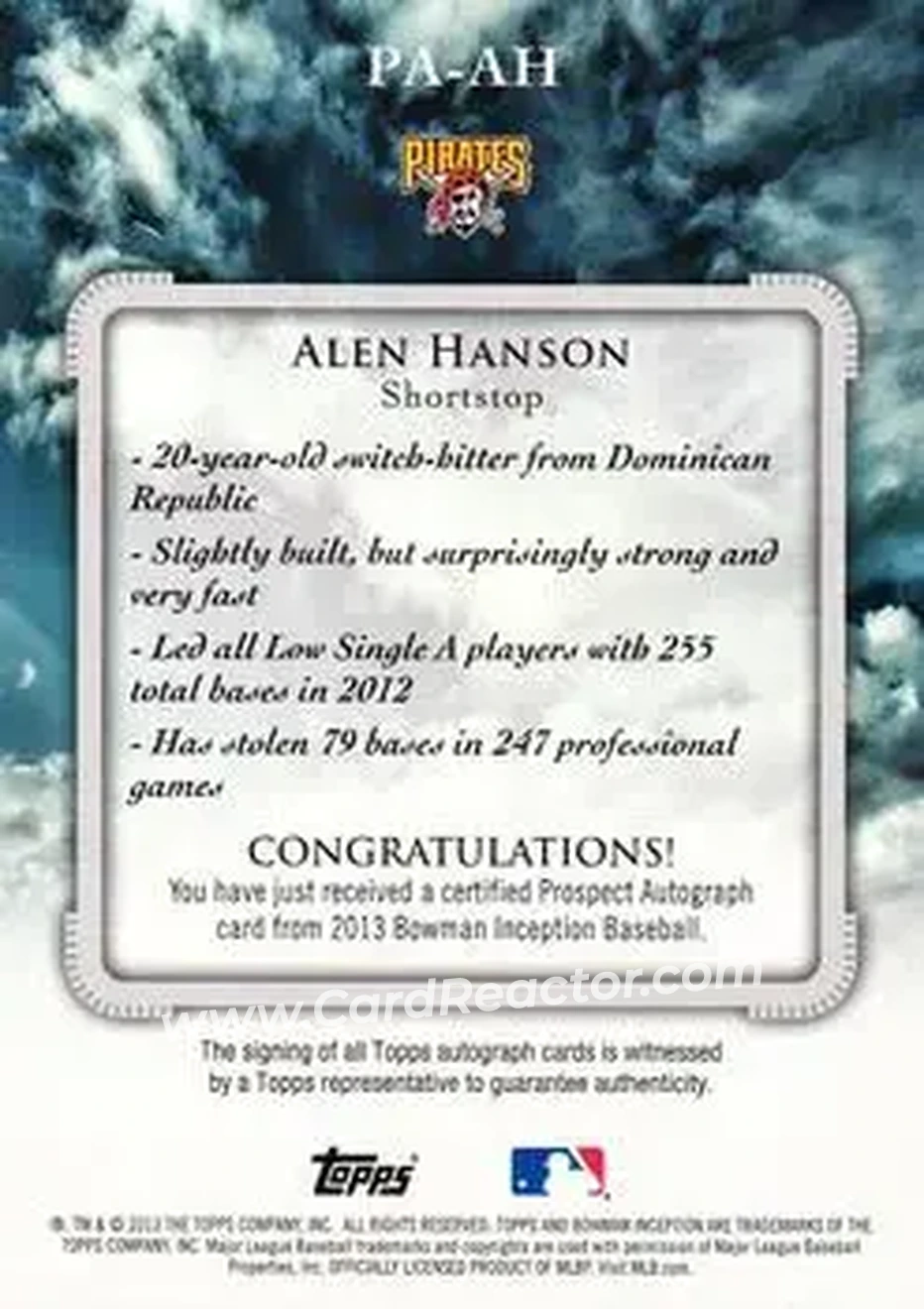 2013 Bowman Inception #PA-AH - Alen Hanson - Pittsburgh Pirates - Back