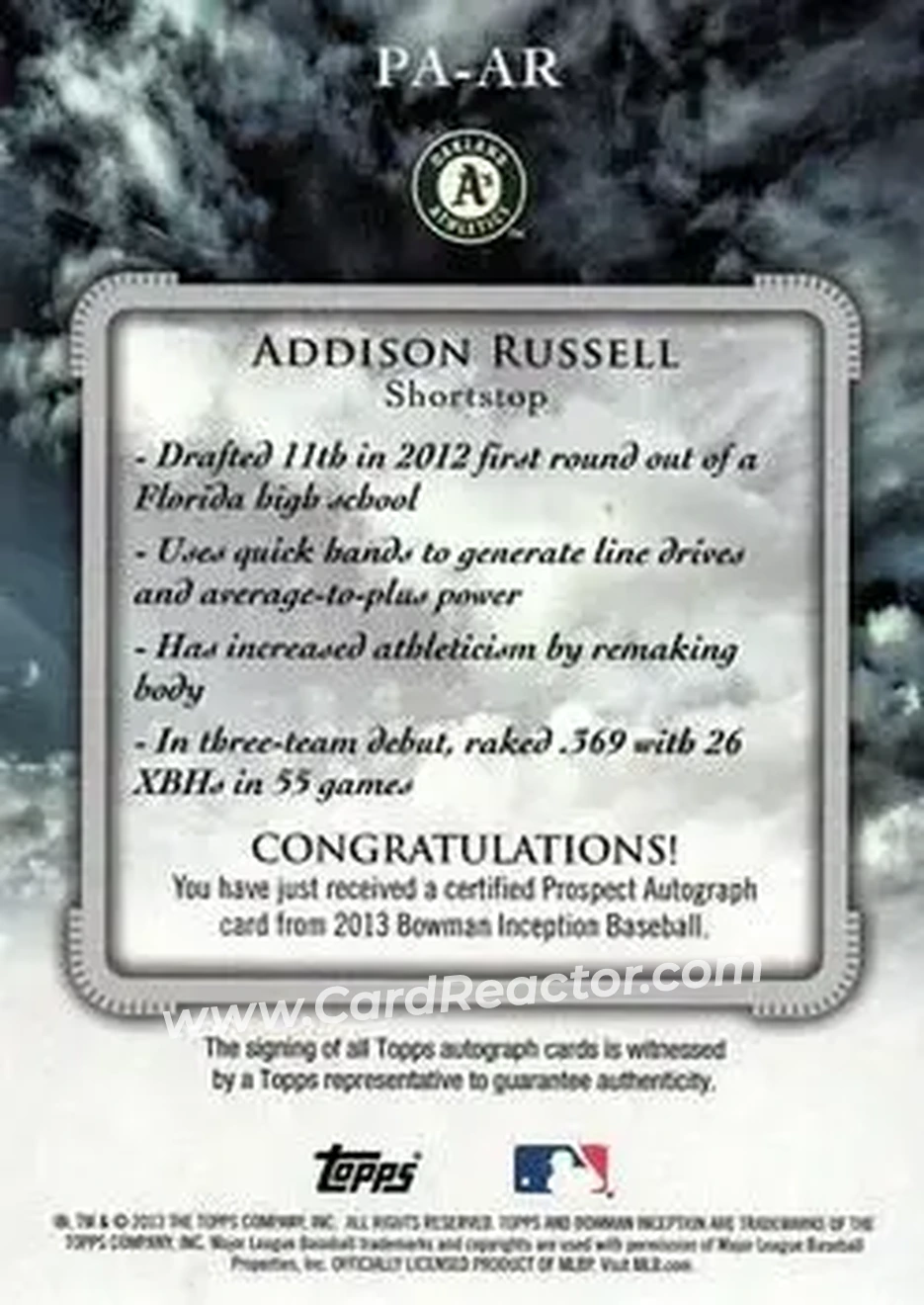 2013 Bowman Inception #PA-AR - Addison Russell - Oakland Athletics - Back
