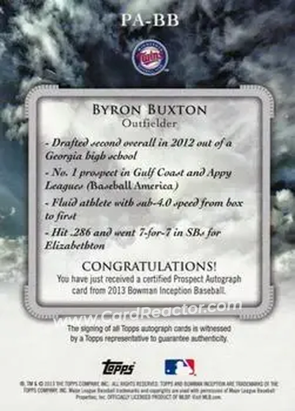 2013 Bowman Inception #PA-BB - Byron Buxton - Minnesota Twins - Back 2013 Bowman Inception #PA-BB - Byron Buxton - Minnesota Twins - Back
