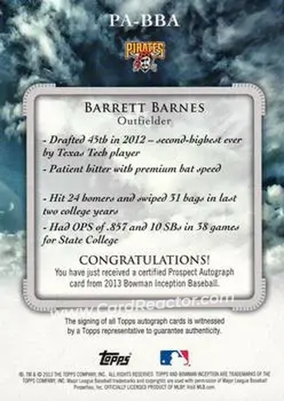 2013 Bowman Inception #PA-BBA - Barrett Barnes - Pittsburgh Pirates - Back