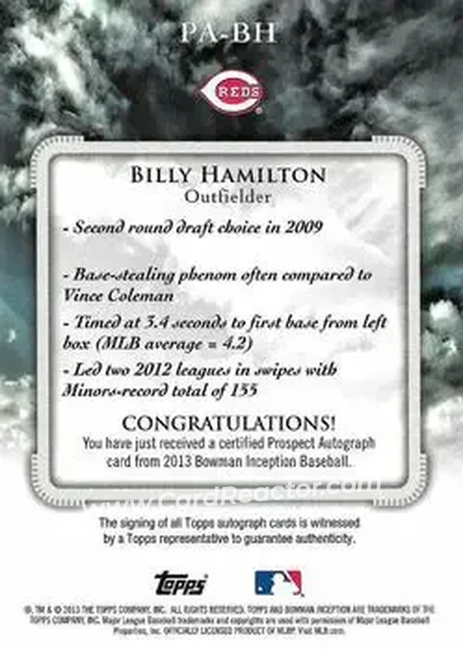 2013 Bowman Inception #PA-BH - Billy Hamilton - Cincinnati Reds - Back