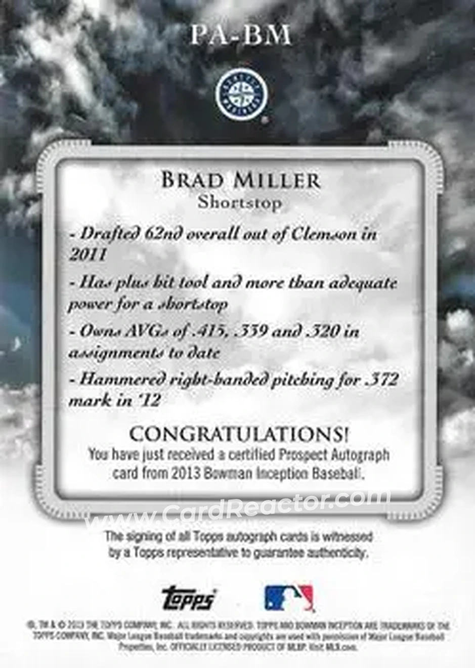 2013 Bowman Inception #PA-BM - Brad Miller - Seattle Mariners - Back