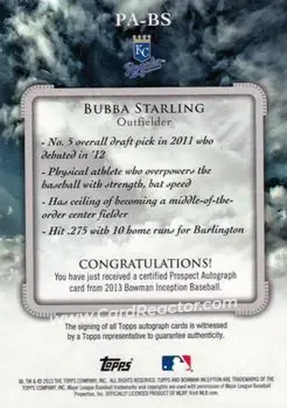 2013 Bowman Inception #PA-BS - Bubba Starling - Kansas City Royals - Back