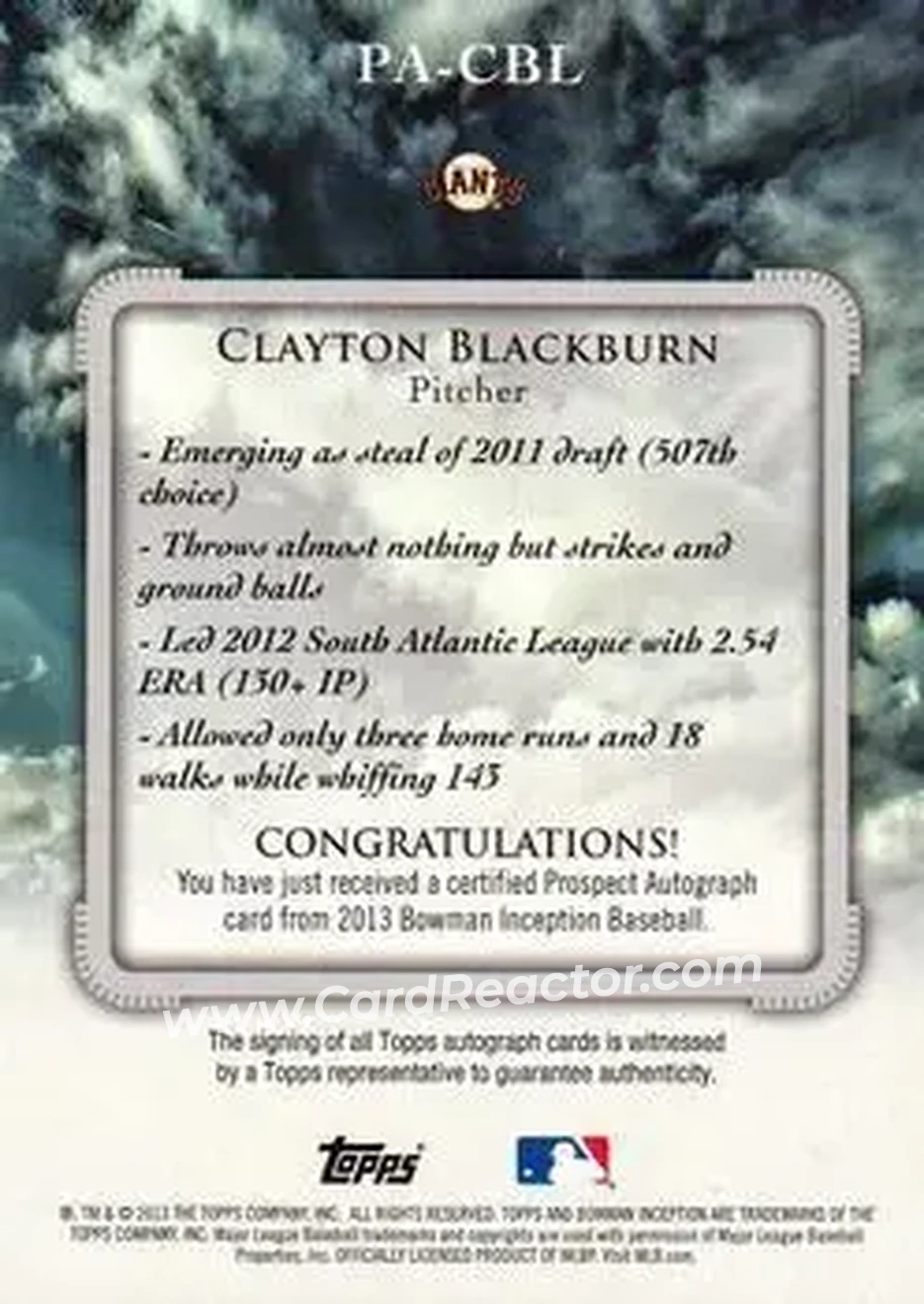 2013 Bowman Inception #PA-CBL - Clayton Blackburn - San Francisco Giants - Back