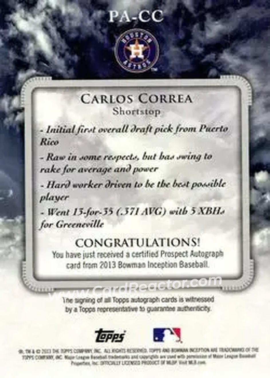 2013 Bowman Inception #PA-CC - Carlos Correa - Houston Astros - Back