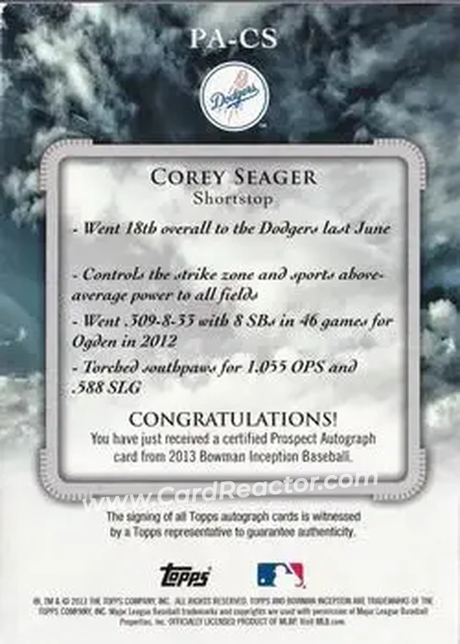 2013 Bowman Inception #PA-CS - Corey Seager - Los Angeles Dodgers - Back