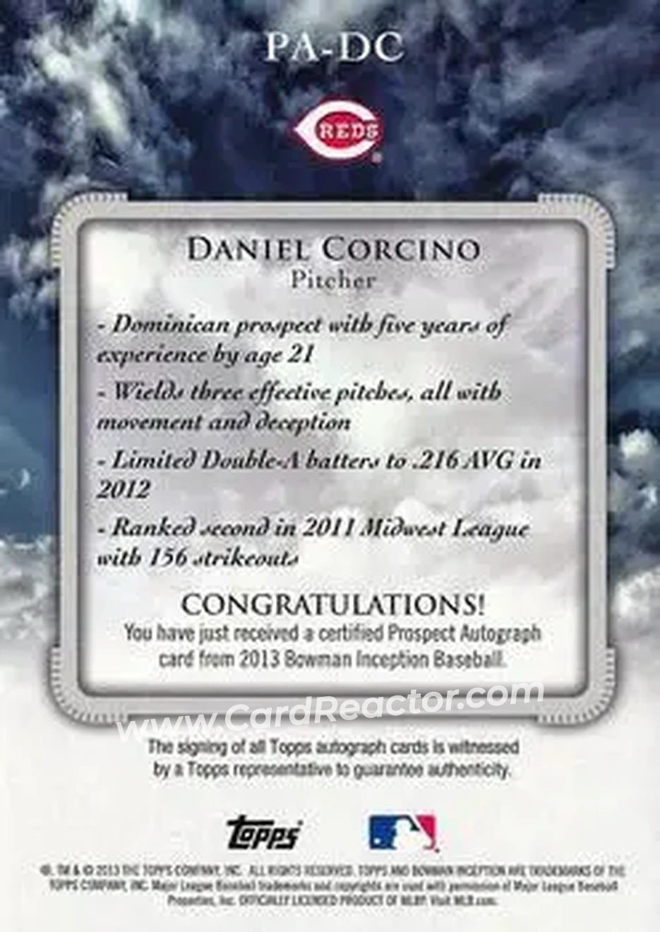 2013 Bowman Inception #PA-DC - Daniel Corcino - Cincinnati Reds - Back