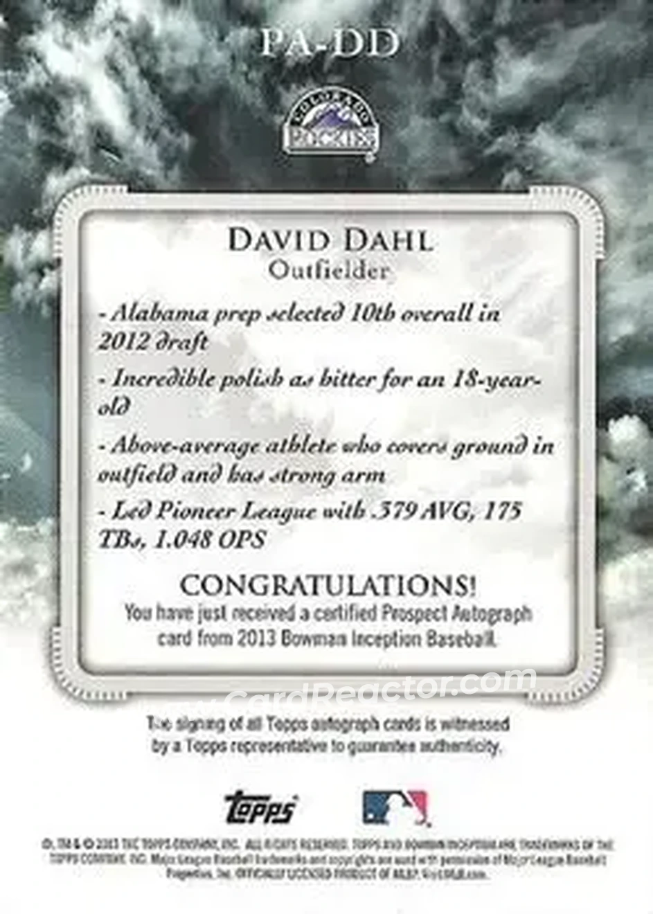 2013 Bowman Inception #PA-DD - David Dahl - Colorado Rockies - Back