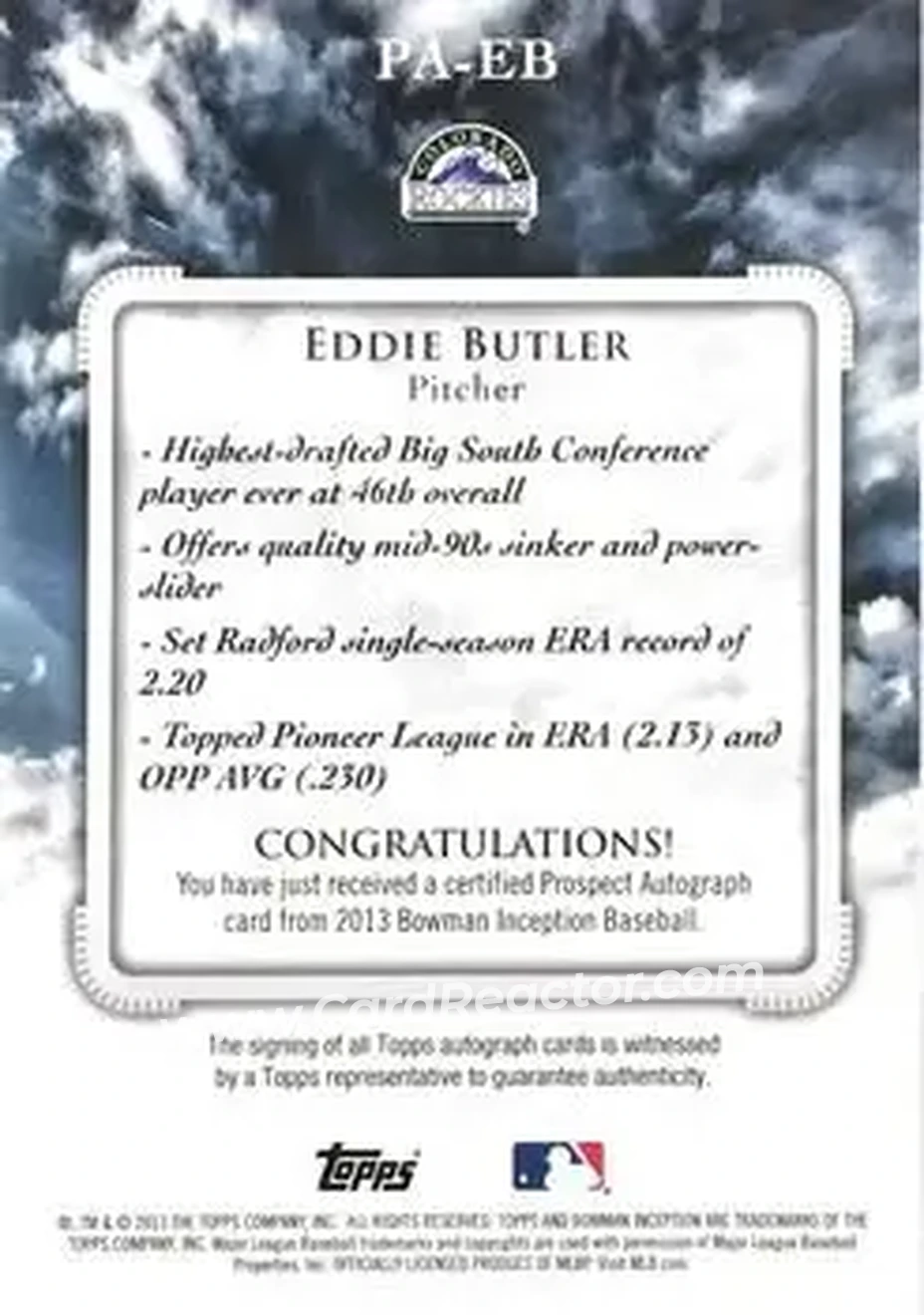 2013 Bowman Inception #PA-EB - Eddie Butler - Colorado Rockies - Back