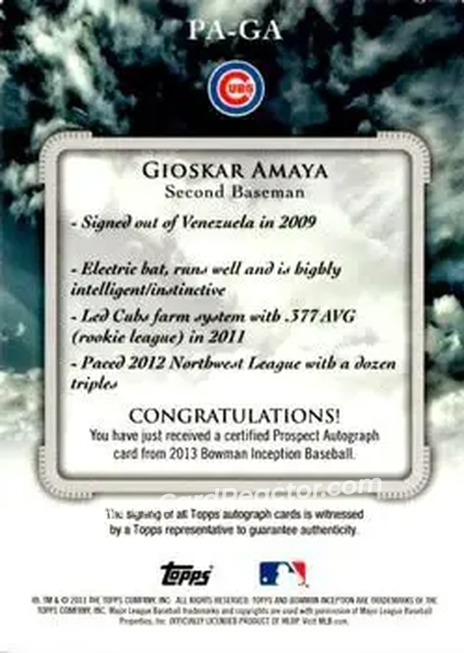 2013 Bowman Inception #PA-GA - Gioskar Amaya - Chicago Cubs - Back
