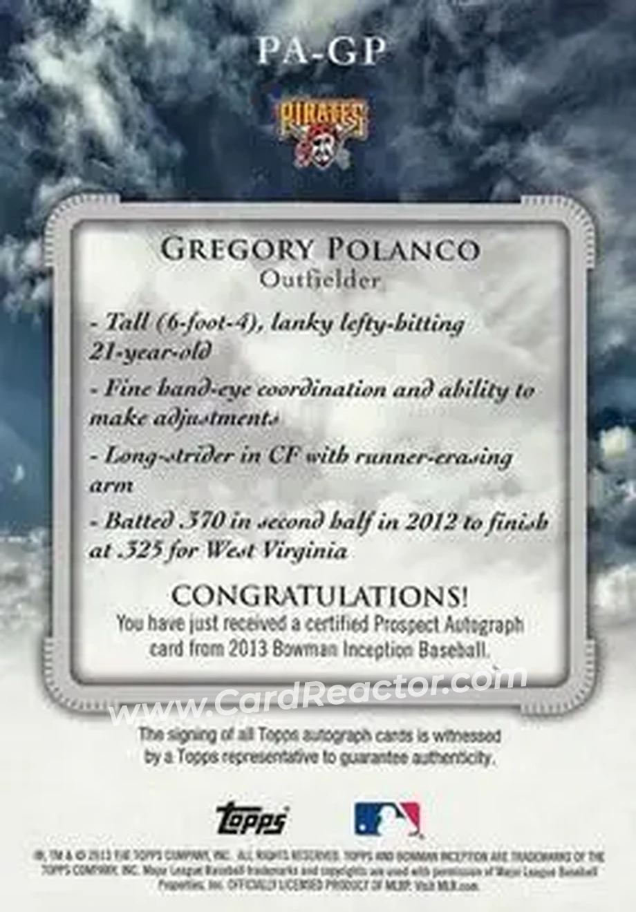 2013 Bowman Inception #PA-GP - Gregory Polanco - Pittsburgh Pirates - Back