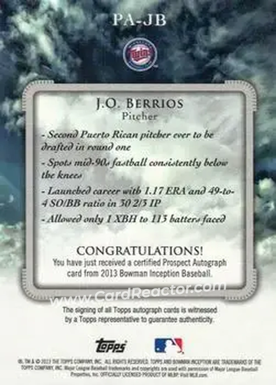 2013 Bowman Inception #PA-JB - José Berríos - Minnesota Twins - Back