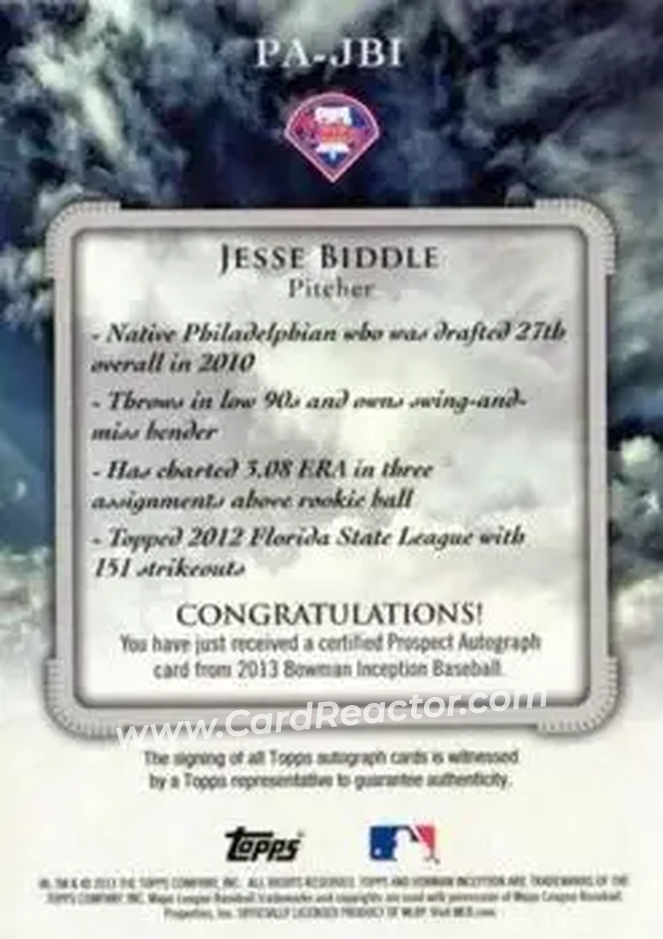 2013 Bowman Inception #PA-JBI - Jesse Biddle - Philadelphia Phillies - Back