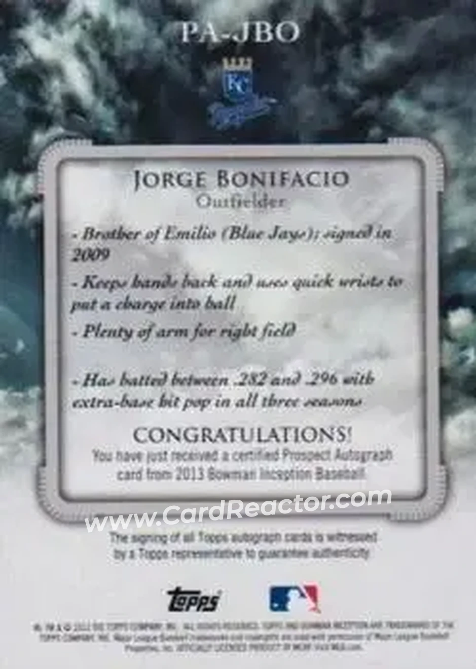2013 Bowman Inception #PA-JBO - Jorge Bonifacio - Kansas City Royals - Back
