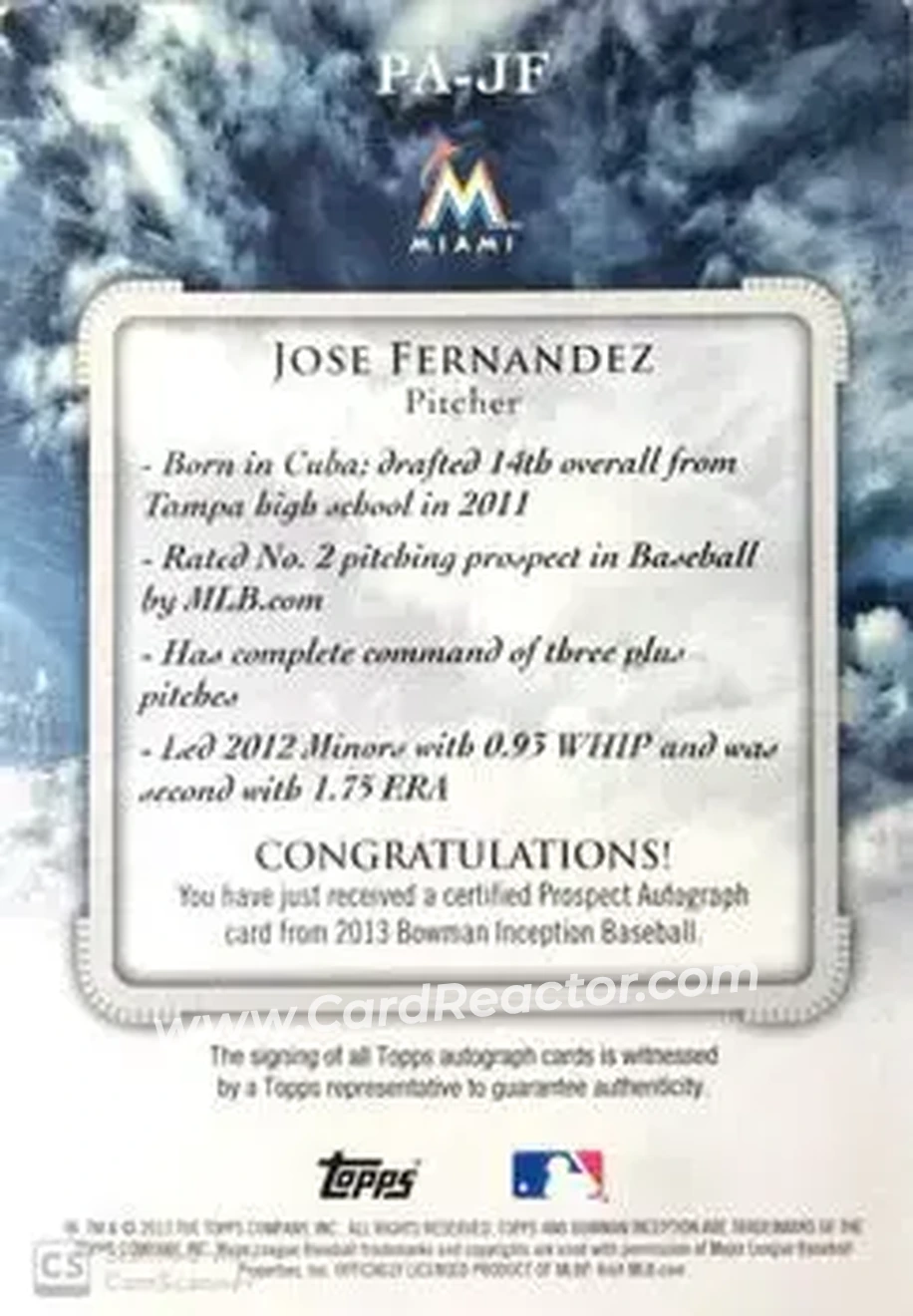 2013 Bowman Inception #PA-JF - Jose Fernandez - Miami Marlins - Back