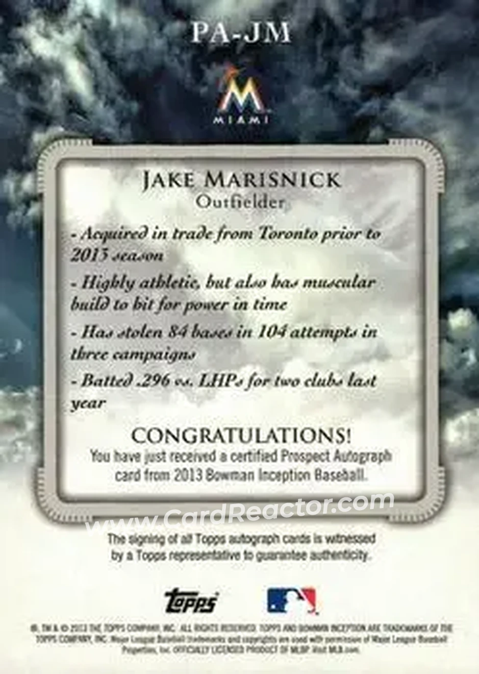 2013 Bowman Inception #PA-JM - Jake Marisnick - Miami Marlins - Back