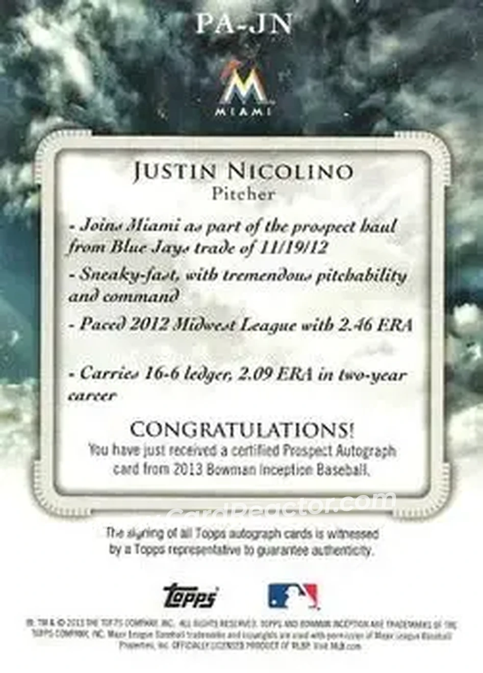 2013 Bowman Inception #PA-JN - Justin Nicolino - Miami Marlins - Back
