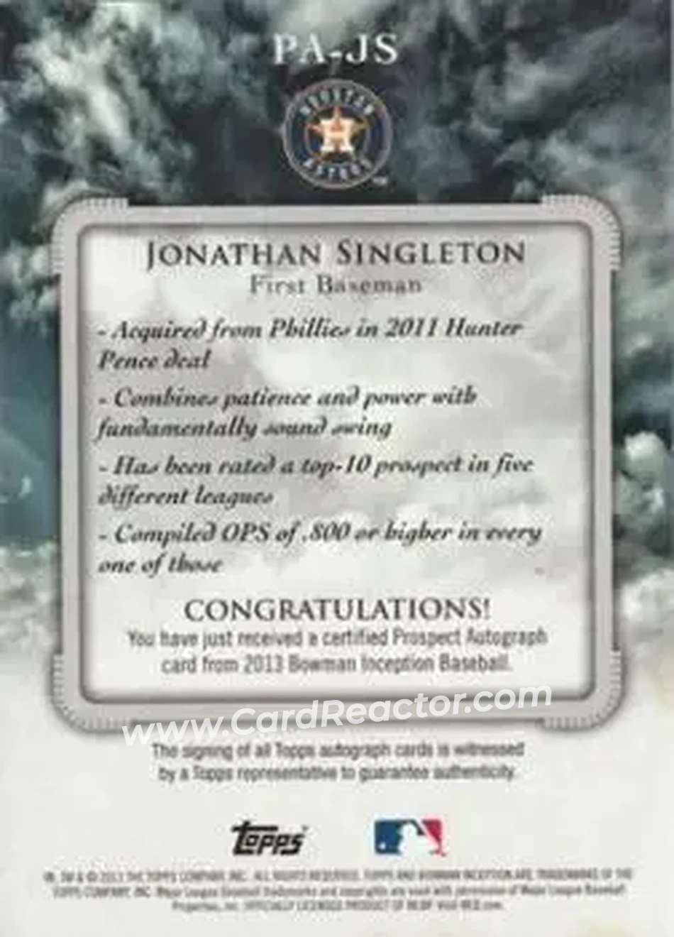 2013 Bowman Inception #PA-JS - Jon Singleton - Houston Astros - Back