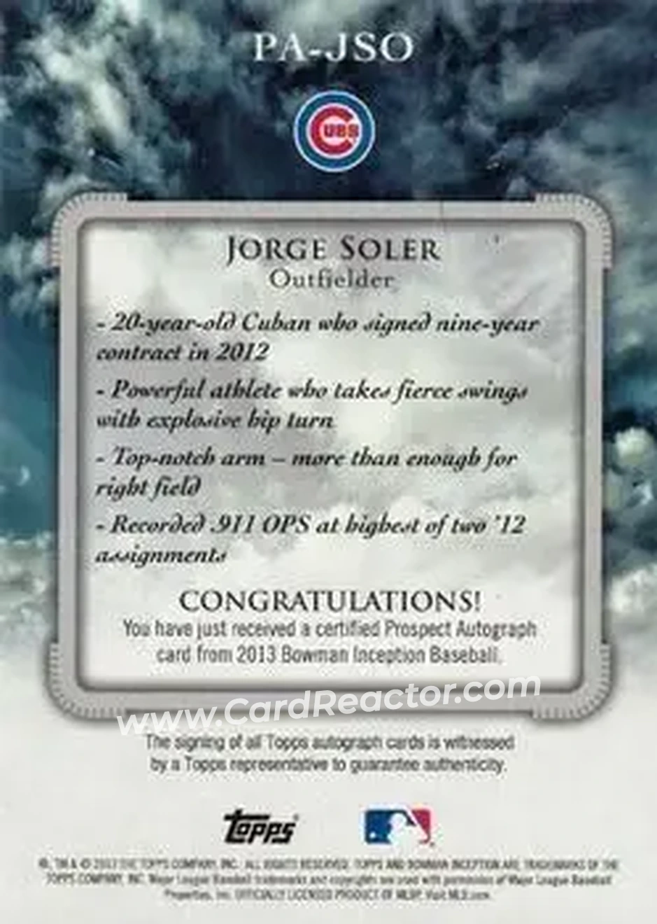 2013 Bowman Inception #PA-JSO - Jorge Soler - Chicago Cubs - Back