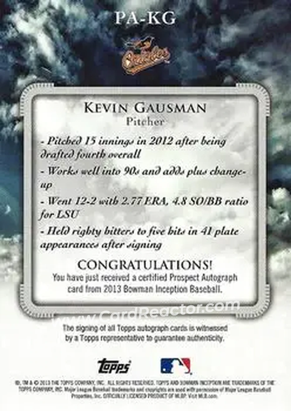 2013 Bowman Inception #PA-KG - Kevin Gausman - Baltimore Orioles - Back