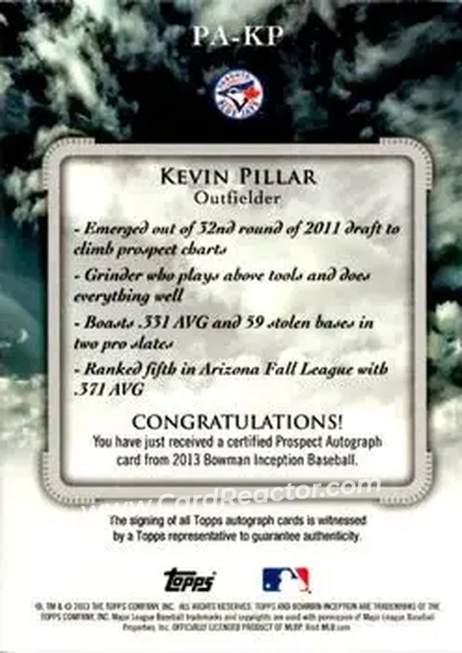 2013 Bowman Inception #PA-KP - Kevin Pillar - Toronto Blue Jays - Back