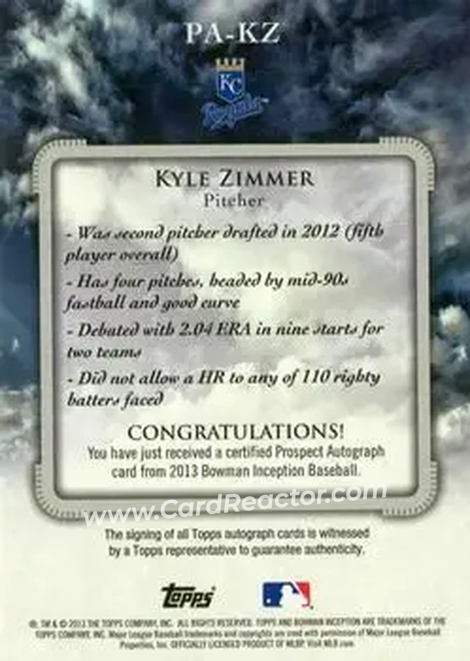 2013 Bowman Inception #PA-KZ - Kyle Zimmer - Kansas City Royals - Back