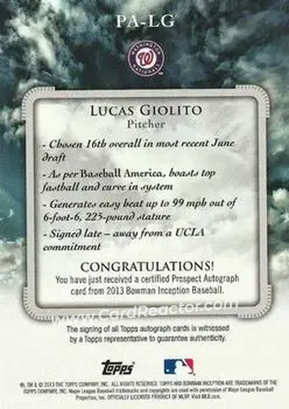 2013 Bowman Inception #PA-LG - Lucas Giolito - Washington Nationals - Back