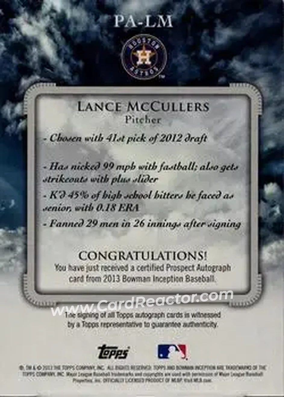 2013 Bowman Inception #PA-LM - Lance McCullers - Houston Astros - Back