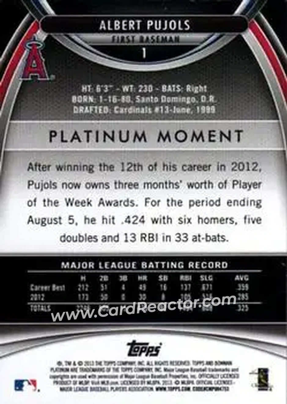 2013 Bowman Platinum #1 - Albert Pujols - Los Angeles Angels - Back 2013 Bowman Platinum #1 - Albert Pujols - Los Angeles Angels - Back
