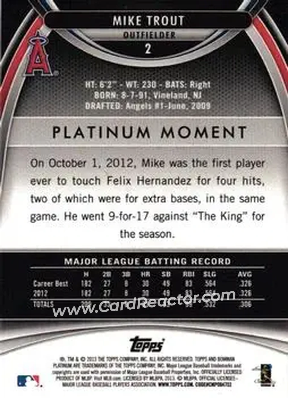 2013 Bowman Platinum #2 - Mike Trout - Los Angeles Angels - Back