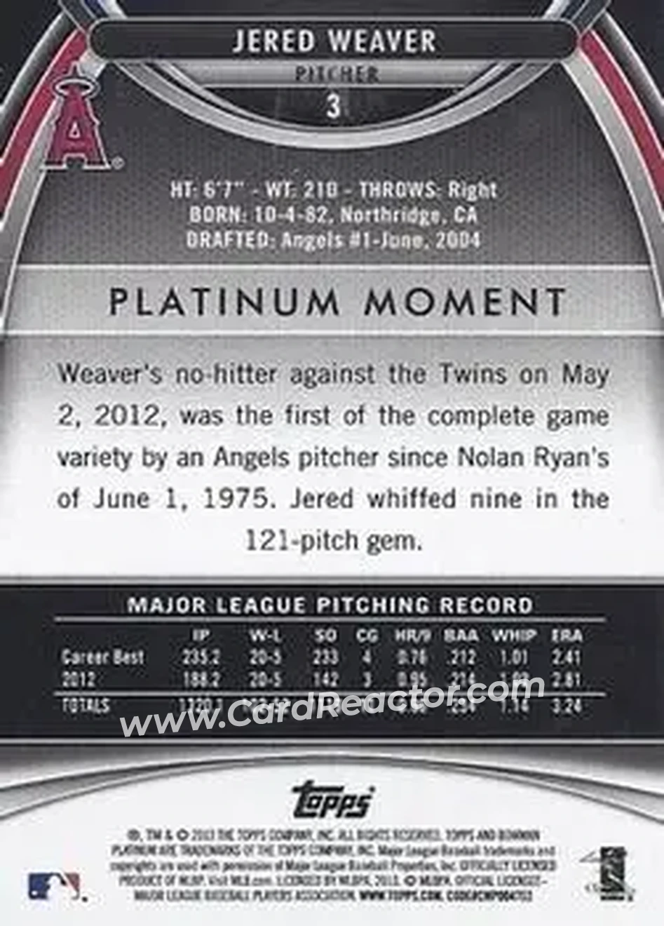 2013 Bowman Platinum #3 - Jered Weaver - Los Angeles Angels - Back