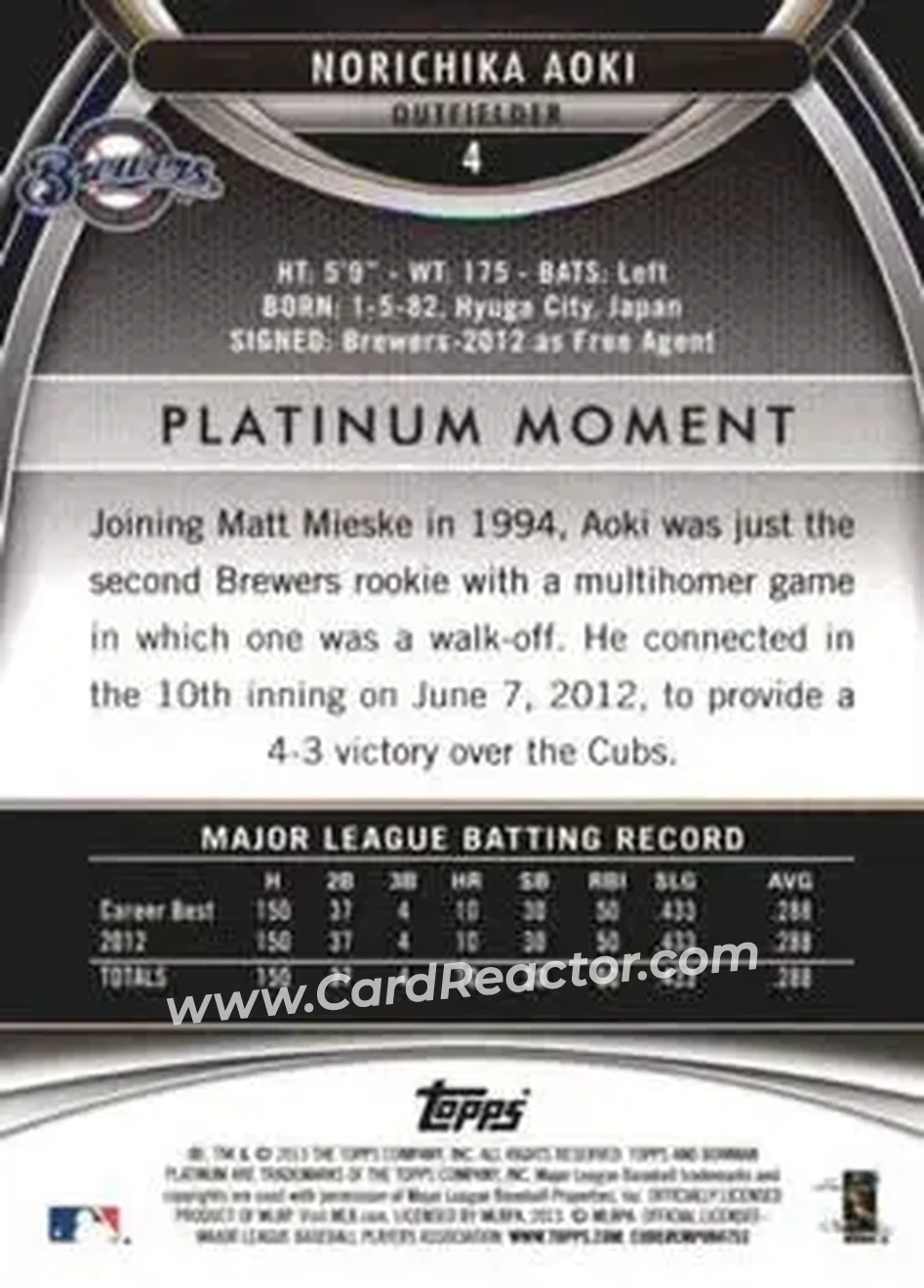 2013 Bowman Platinum #4 - Norichika Aoki - Milwaukee Brewers - Back