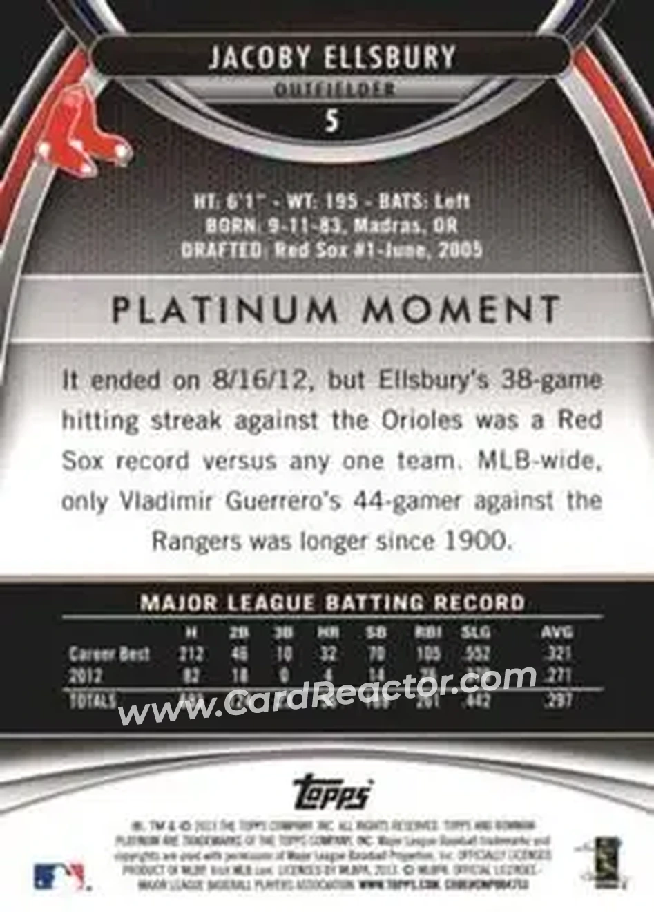 2013 Bowman Platinum #5 - Jacoby Ellsbury - Boston Red Sox - Back