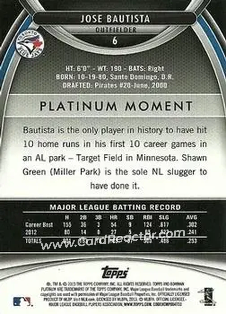 2013 Bowman Platinum #6 - Jose Bautista - Toronto Blue Jays - Back
