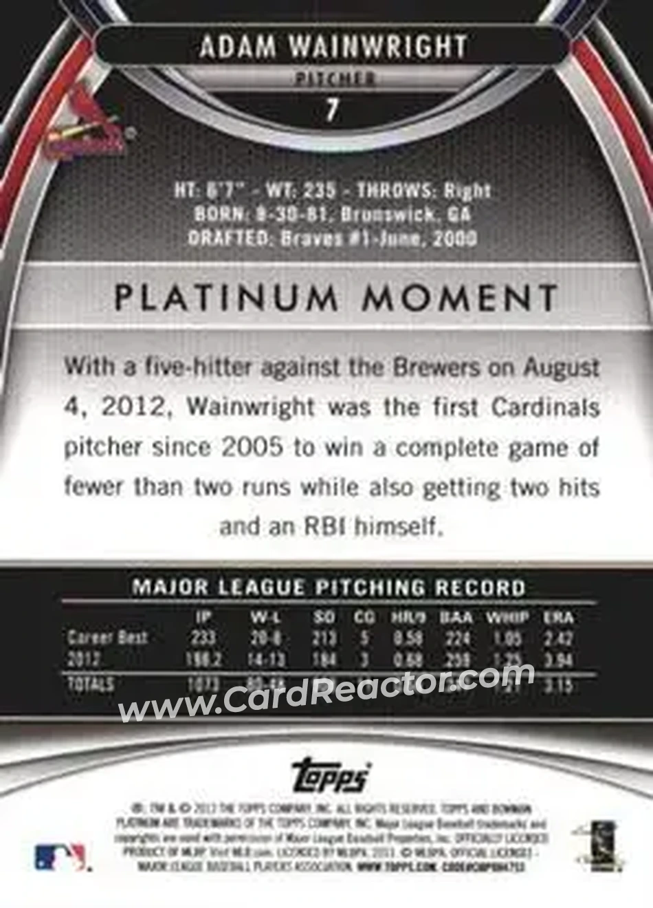 2013 Bowman Platinum #7 - Adam Wainwright - St. Louis Cardinals - Back