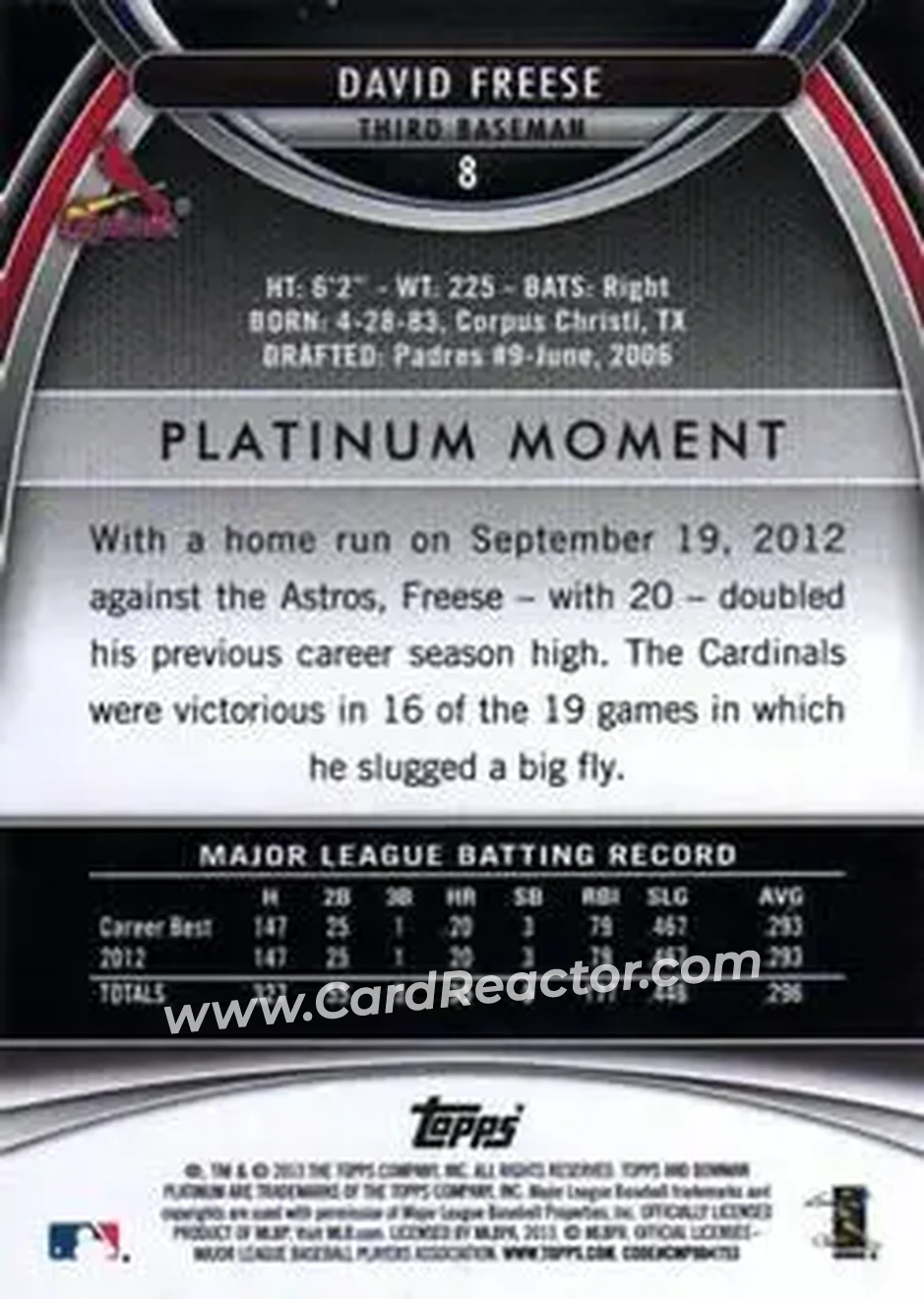 2013 Bowman Platinum #8 - David Freese - St. Louis Cardinals - Back
