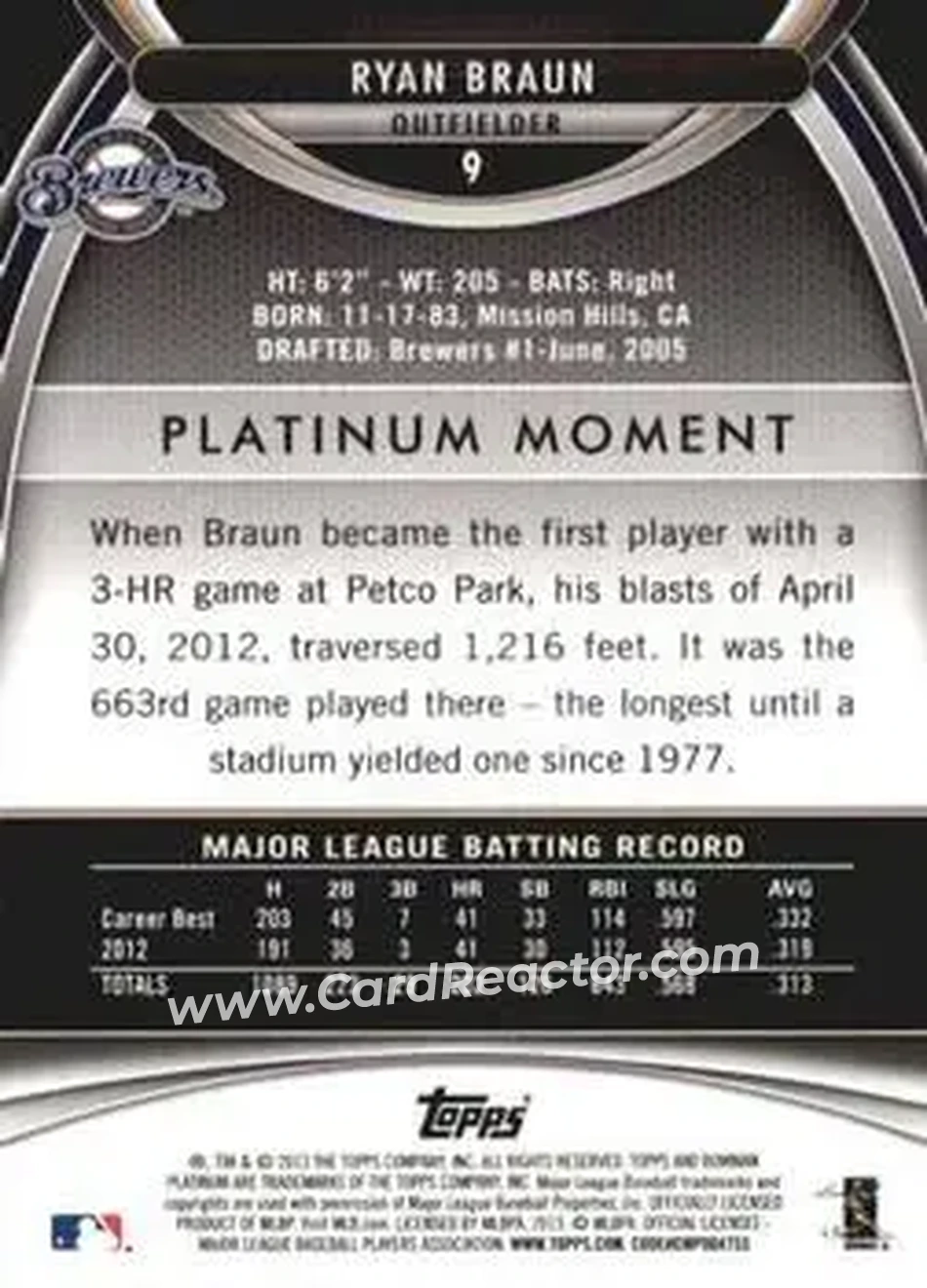 2013 Bowman Platinum #9 - Ryan Braun - Milwaukee Brewers - Back