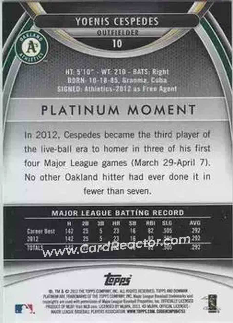 2013 Bowman Platinum #10 - Yoenis Cespedes - Oakland Athletics - Back