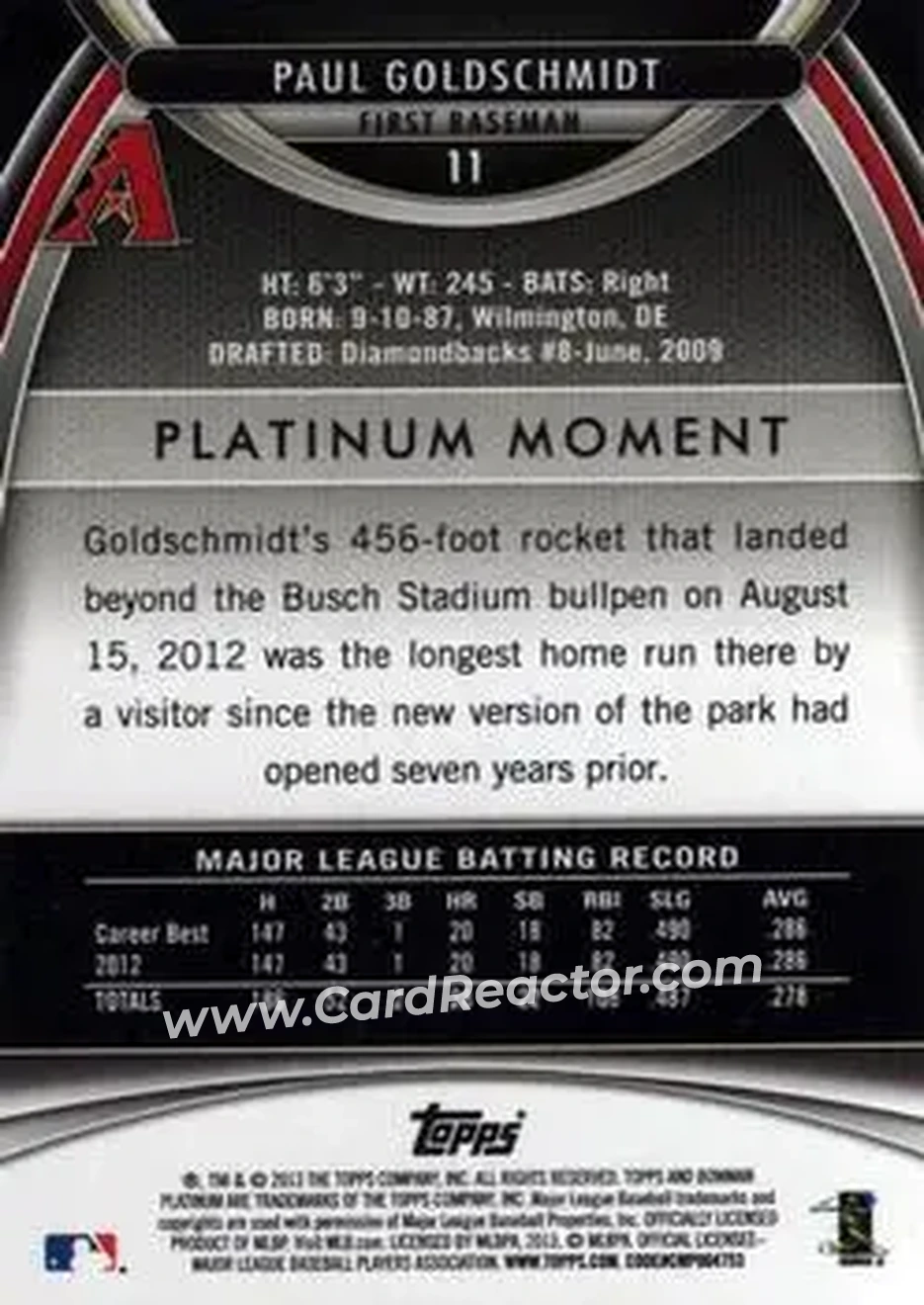 2013 Bowman Platinum #11 - Paul Goldschmidt - Arizona Diamondbacks - Back