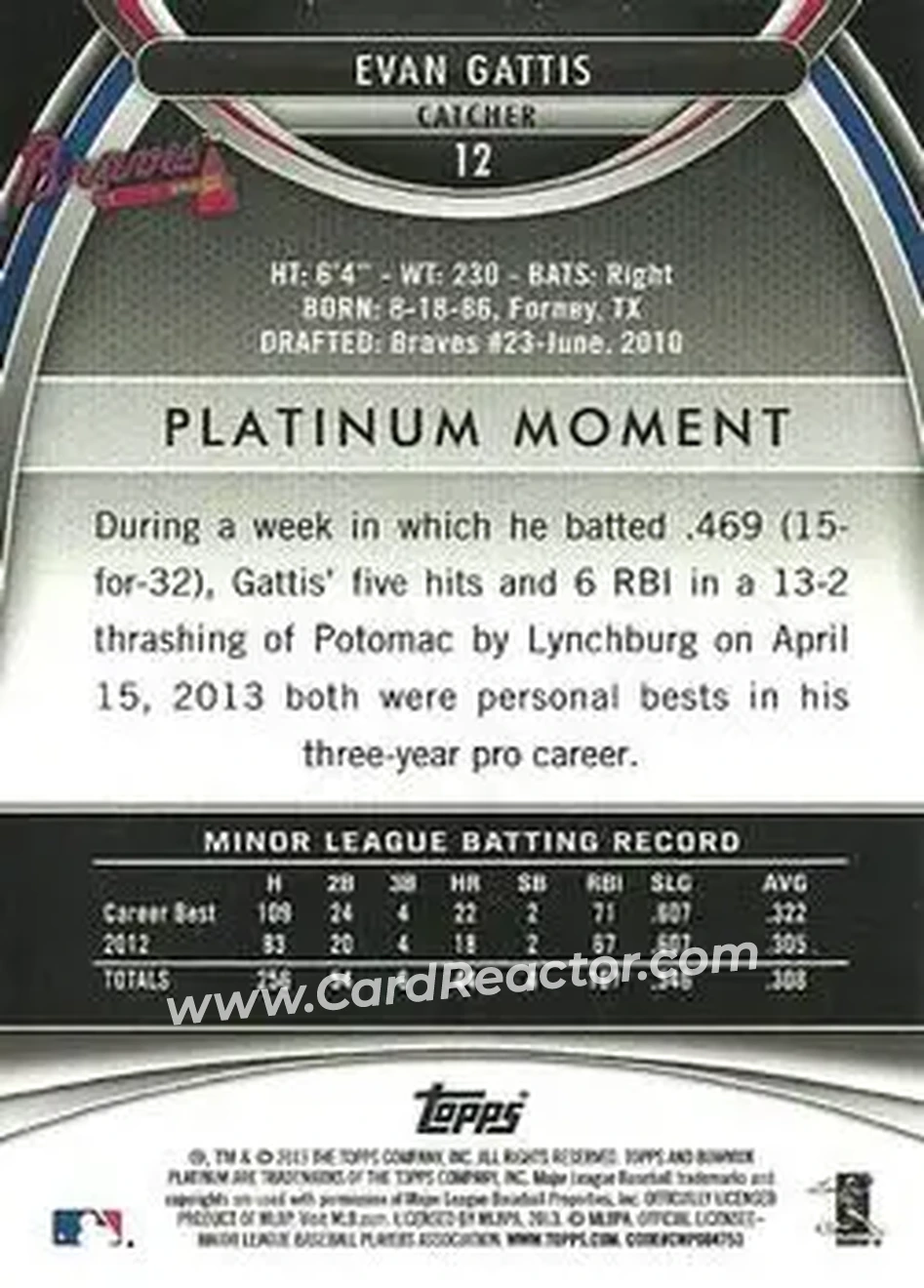 2013 Bowman Platinum #12 - Evan Gattis - Atlanta Braves - Back 2013 Bowman Platinum #12 - Evan Gattis - Atlanta Braves - Back