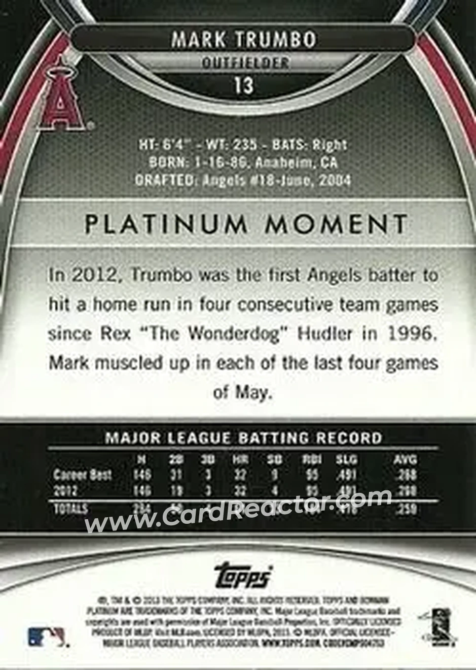 2013 Bowman Platinum #13 - Mark Trumbo - Los Angeles Angels - Back 2013 Bowman Platinum #13 - Mark Trumbo - Los Angeles Angels - Back