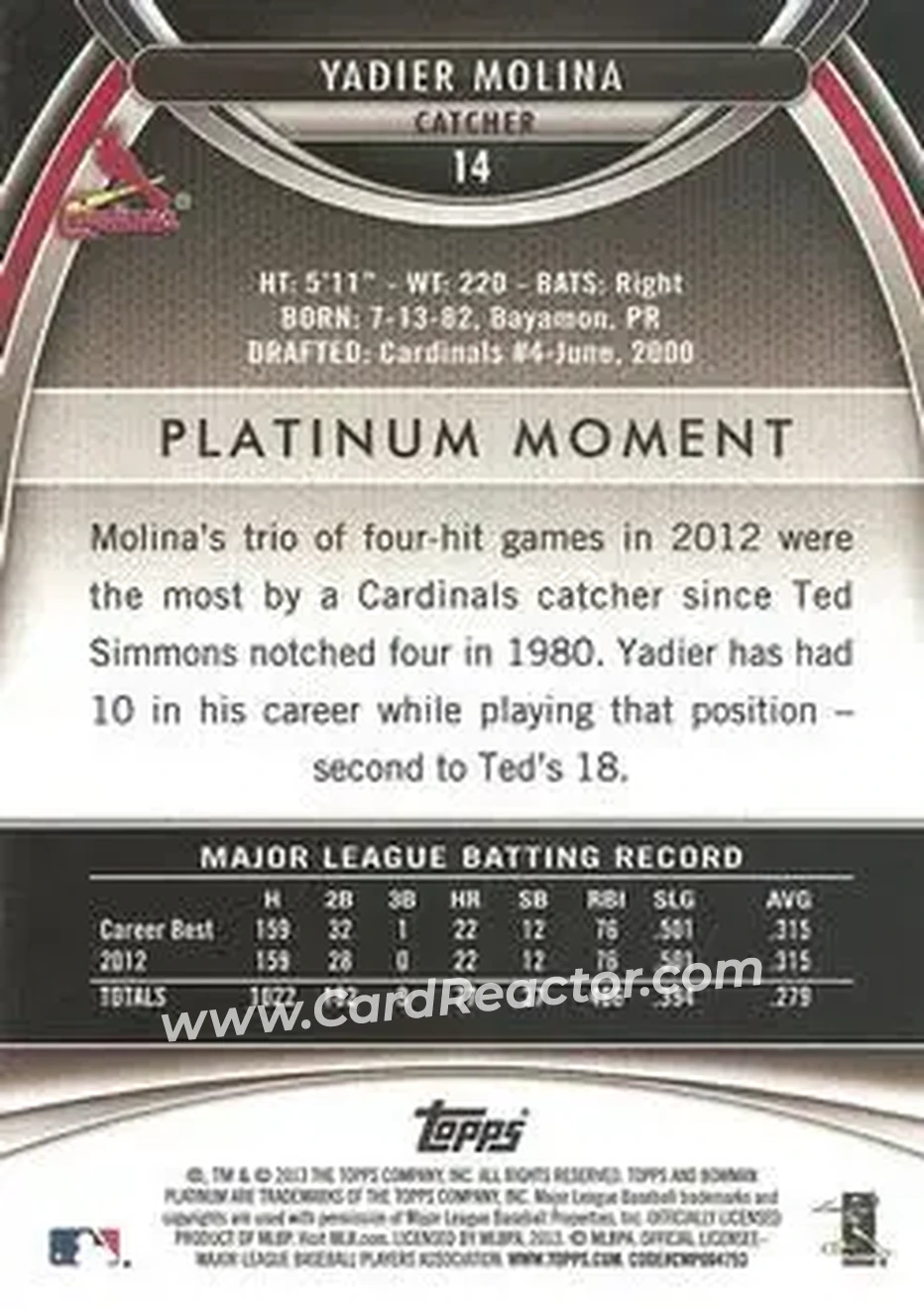 2013 Bowman Platinum #14 - Yadier Molina - St. Louis Cardinals - Back 2013 Bowman Platinum #14 - Yadier Molina - St. Louis Cardinals - Back