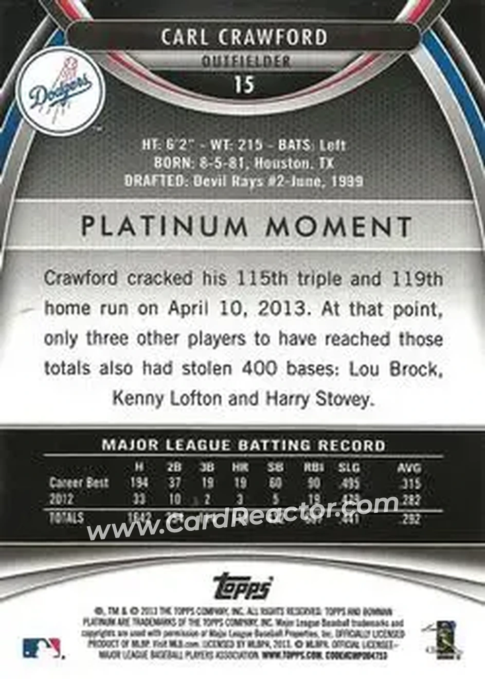 2013 Bowman Platinum #15 - Carl Crawford - Los Angeles Dodgers - Back