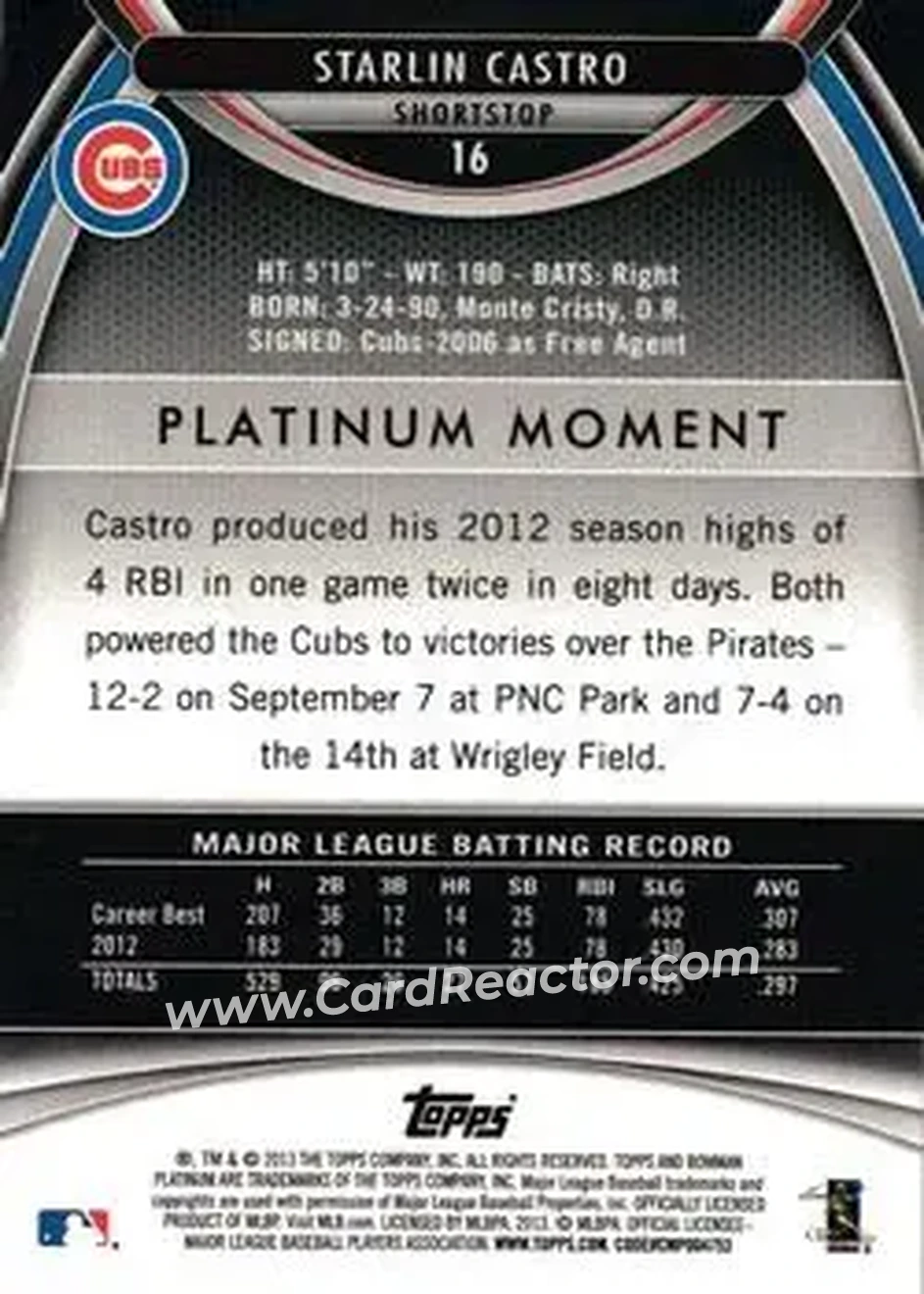 2013 Bowman Platinum #16 - Starlin Castro - Chicago Cubs - Back 2013 Bowman Platinum #16 - Starlin Castro - Chicago Cubs - Back