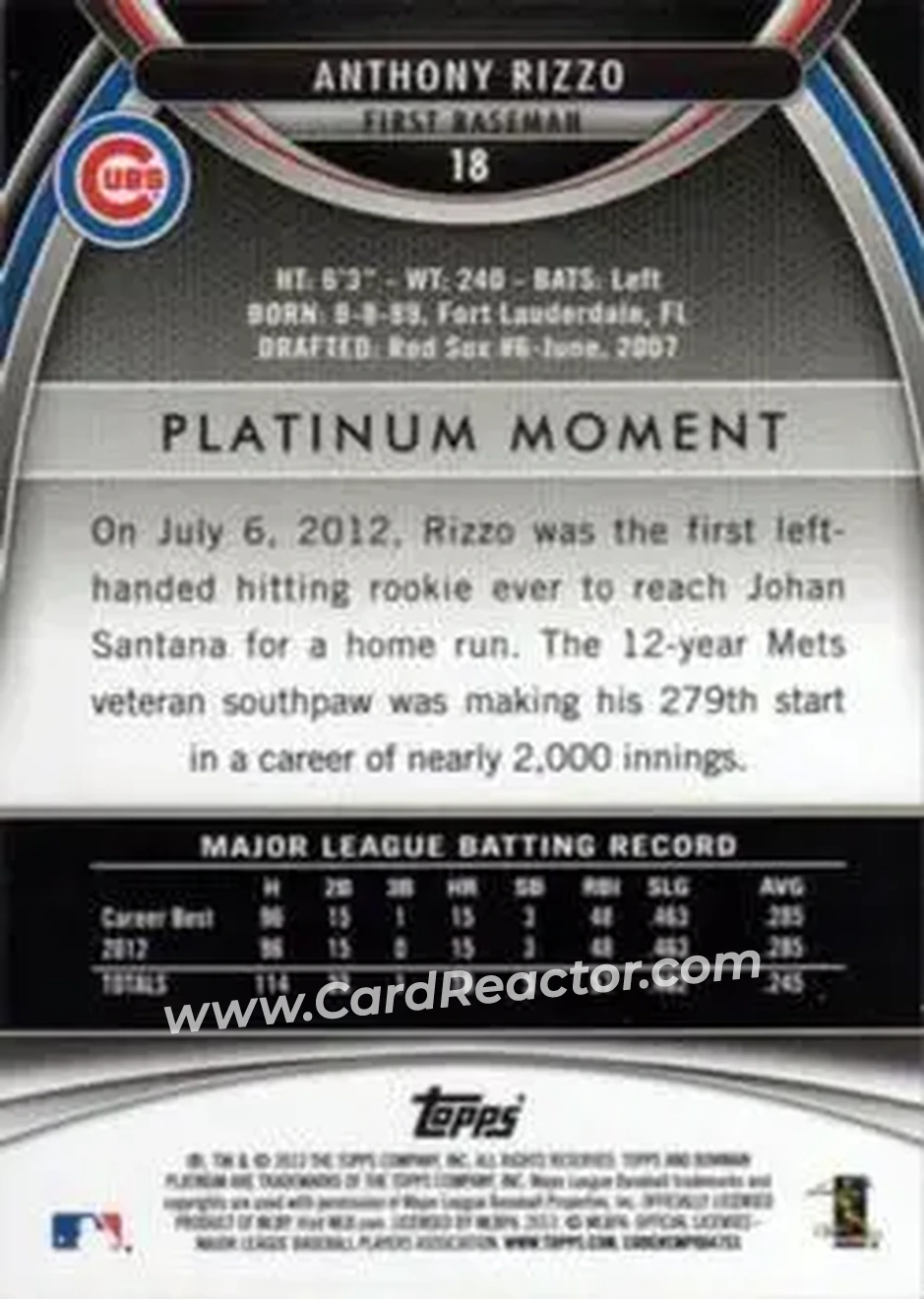 2013 Bowman Platinum #18 - Anthony Rizzo - Chicago Cubs - Back