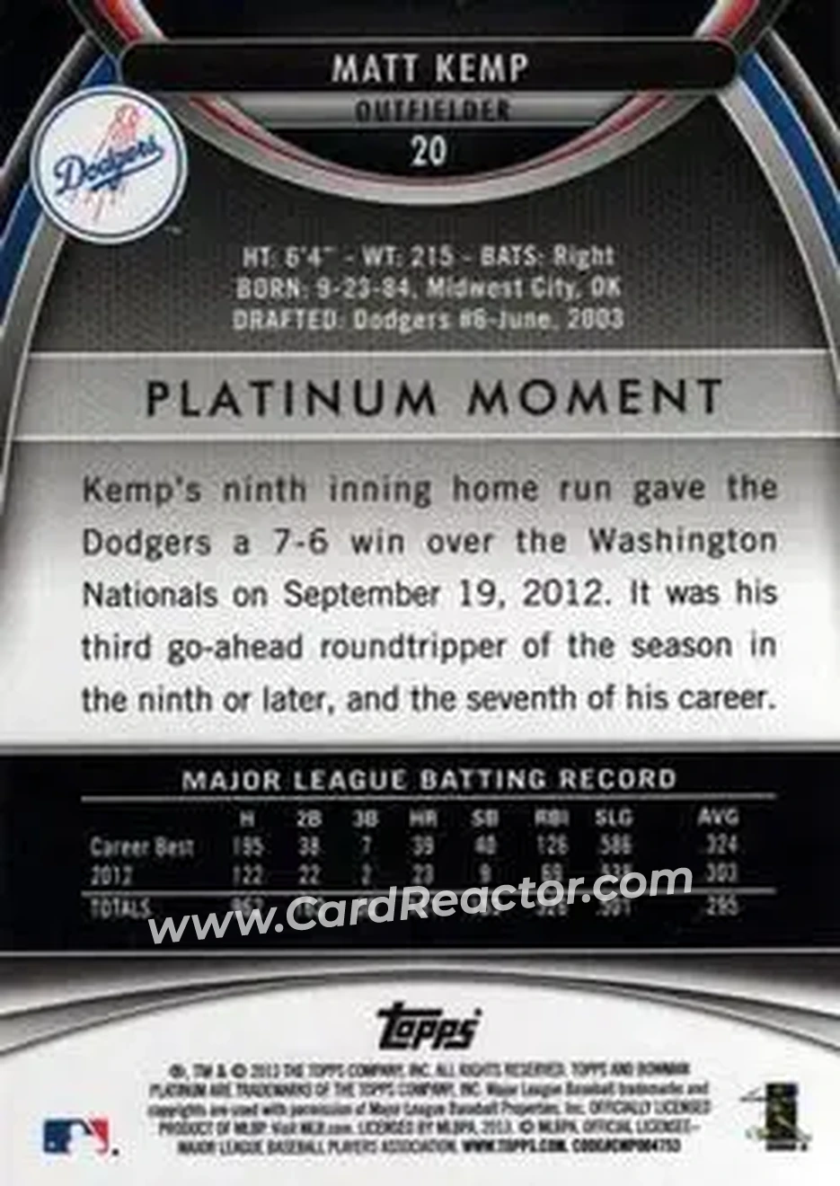 2013 Bowman Platinum #20 - Matt Kemp - Los Angeles Dodgers - Back 2013 Bowman Platinum #20 - Matt Kemp - Los Angeles Dodgers - Back