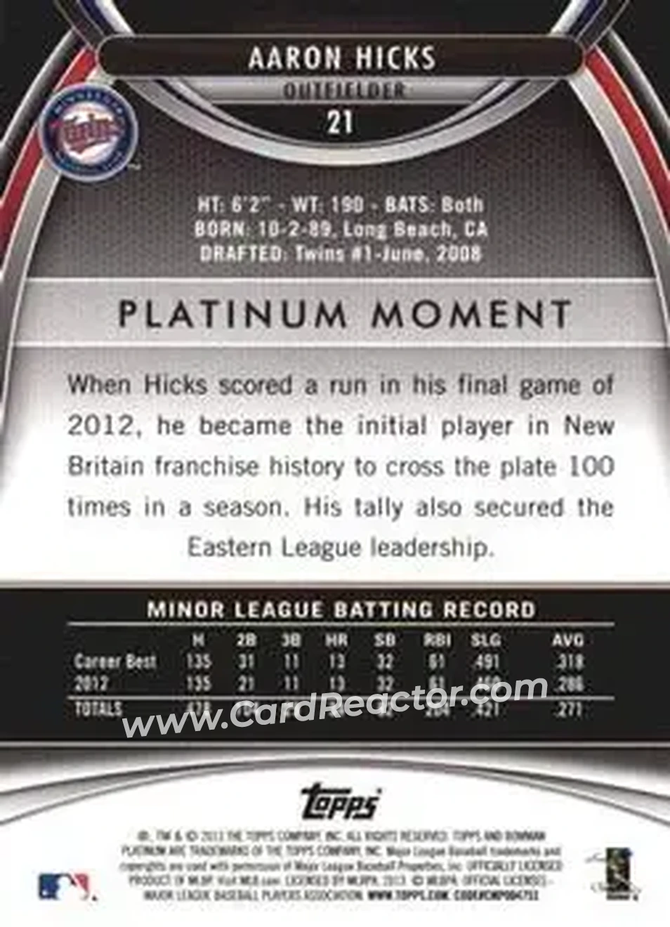 2013 Bowman Platinum #21 - Aaron Hicks - Minnesota Twins - Back